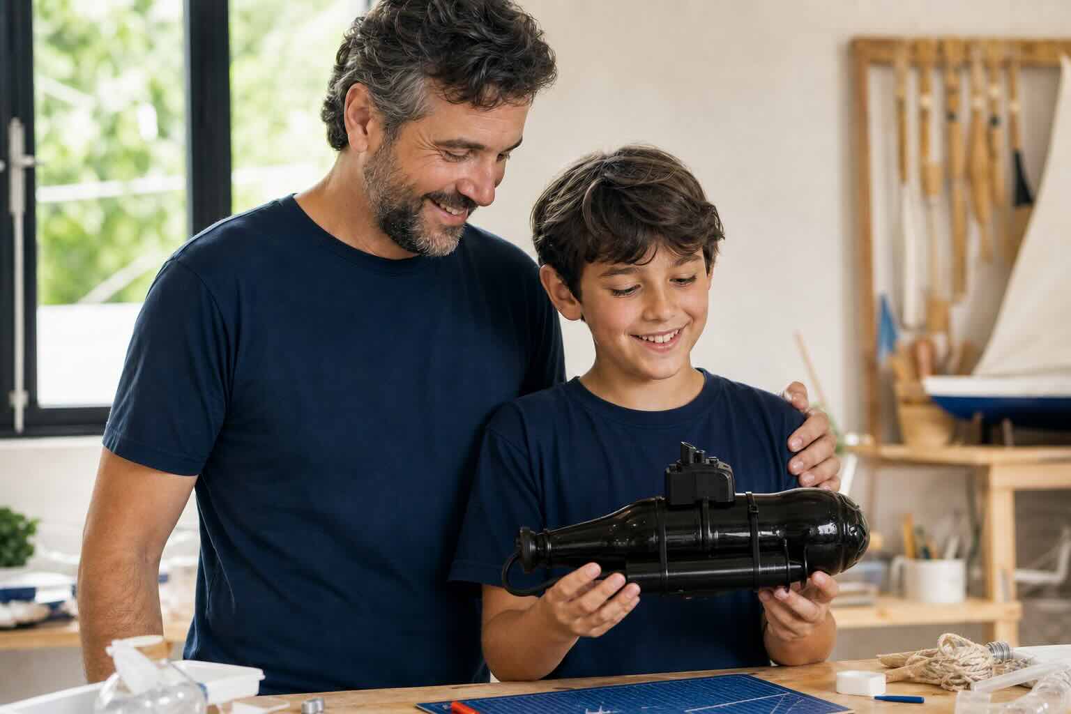 Cena ilustrativa de pai e filho com o mini submarino concluído