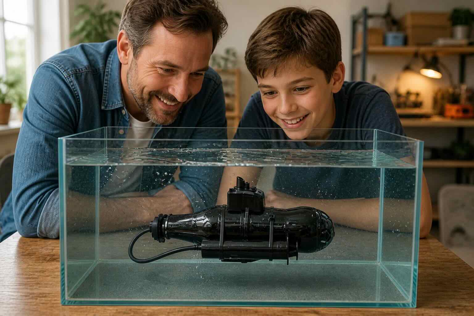 Cena ilustrativa do primeiro teste do mini submarino na piscina
